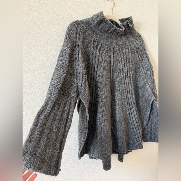 Free People Oversized Charcoal Cowl Neck Sweater with Zipper and Side Slits - Picture 2 of 8